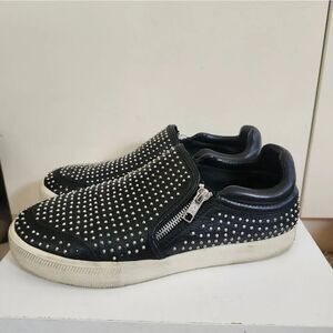 Ash "Iman" Black Leather Silvr Micro-Stud/Zip Slip-on Sneakers Sz.10/40 Ret.$225